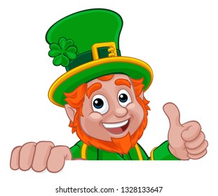 A Leprechaun St Patricks Day Irish cartoon character peeking over a banner or sign and doing a thumbs up