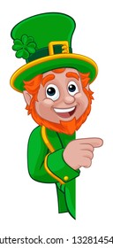 A Leprechaun St Patricks Day Irish cartoon character peeking around a sign or banner and pointing 