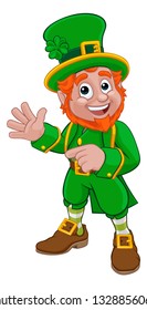 A Leprechaun St Patricks Day Irish cartoon character pointing and waving