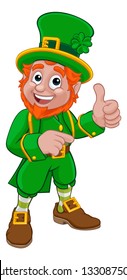 A Leprechaun St Patricks Day Irish cartoon character pointing and doing a thumbs up