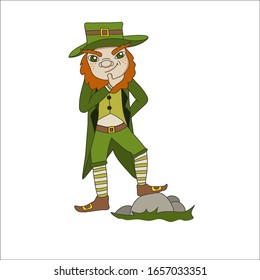 A Leprechaun St Patricks Day Irish cartoon character scratches his beard