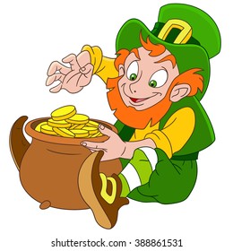 Leprechaun for St. Patricks Day. Pot full of gold. Cartoon character. Colorful design for kids activity book, coloring page, colouring picture. Vector illustration for children.