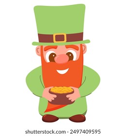 Leprechaun St Patricks Day.Character with a pot of gold coins.National character of Irish folklore.Vector flat illustration.Isolated on white background.