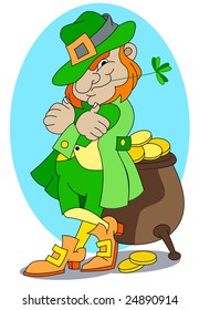A leprechaun stand guard of his pot of gold