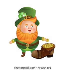 The leprechaun stands near a shoe filled with gold coins. St.Patrick's Day. Cute vector character, isolated on white background
