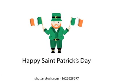 Leprechaun stands waving irish flags in his hands.