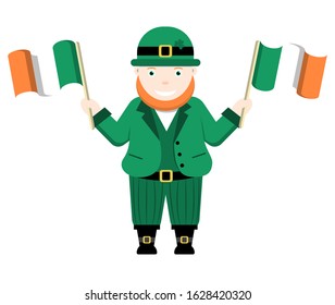 Leprechaun stands waving irish flags in his hands. Traditional national character of Irish folklore. Isolated on white background