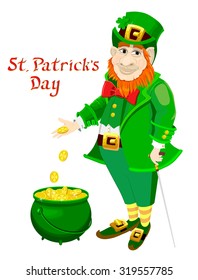 Leprechaun with stick presenting his pot of gold