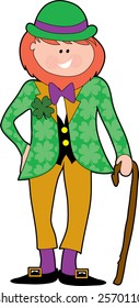 Leprechaun in a suit walking with a stick