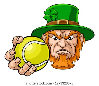 A leprechaun tennis sports mascot holding a ball 