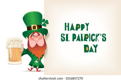 The Leprechaun is toasted with beer mug next to textual signboard with message Happy St. Patrick's Day.Vector illustration for holiday greeting.