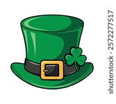 Leprechaun Top Hat with Green Shamrock Clover Leaf, St Patricks Day Hat Vector illustration Clipart, Isolated on White Background