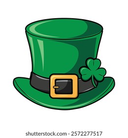 Leprechaun Top Hat with Green Shamrock Clover Leaf, St Patricks Day Hat Vector illustration Clipart, Isolated on White Background