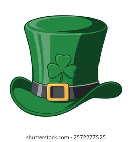 Leprechaun Top Hat with Green Shamrock Clover Leaf, St Patricks Day Hat Vector illustration Clipart, Isolated on White Background