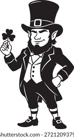 Leprechaun en sombrero de copa que sostiene el trébol de cuatro hojas sonriendo