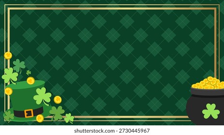Chapéu Leprechaun Top e Pote de Moldura de Moedas de Ouro para o Dia de São Patrício. Borda de Fundo Verde Irlandesa com Shamrocks