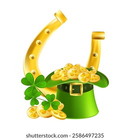 Leprechaun Top Hat with Shamrocks and Gold Coins. Festive green hat with golden money, clover leaves and horseshoe.