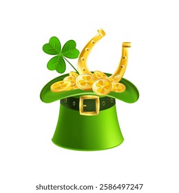 Leprechaun Top Hat with Shamrocks and Gold Coins. Festive green hat with golden money, clover leaves and horseshoe.