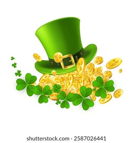 Leprechaun Top Hat with Shamrocks and Gold Coins. Festive green hat with golden money and clover leaves. Vector illustration.