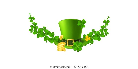 Leprechaun Top Hat with Shamrocks and Gold Coins. Festive green hat with golden money and clover leaves. Vector illustration.