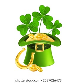 Leprechaun Top Hat with Shamrocks and Gold Coins. Festive green hat with golden money, clover leaves and horseshoe.