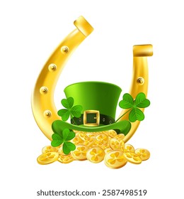 Leprechaun Top Hat with Shamrocks and Gold Coins. Festive green hat with golden money, clover leaves and horseshoe.