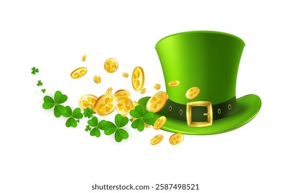 Leprechaun Top Hat with Shamrocks and Gold Coins. Festive green hat with golden money and clover leaves. Vector illustration.