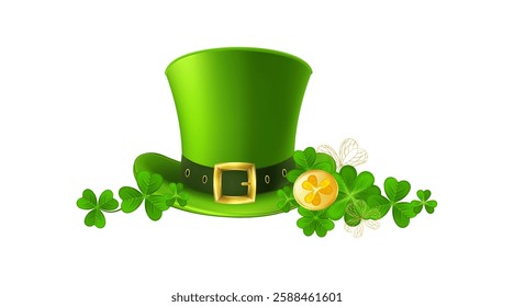 Leprechaun Top Hat with Shamrocks and Gold Coins. Festive green hat with golden money and clover leaves. Vector illustration.