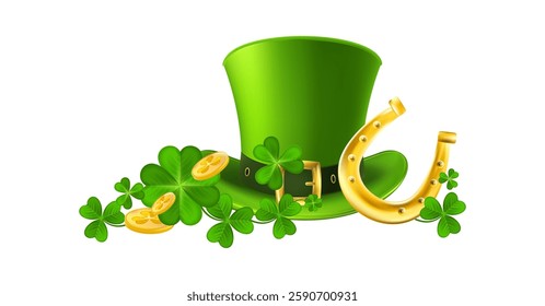 Leprechaun Top Hat with Shamrocks and Gold Coins. Festive green hat with golden money, clover leaves and horseshoe.