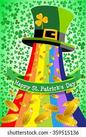 Leprechaun top hat from which rainbow and golden coins are spilled for St. Patricks or Saint Patrick s Day celebration