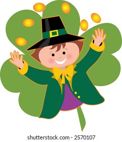 Leprechaun tossing coins over his head on a shamrock background