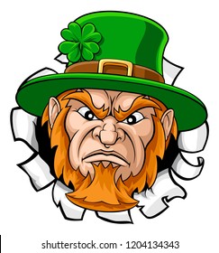 A leprechaun tough mascot cartoon face ripping or tearing through the background 