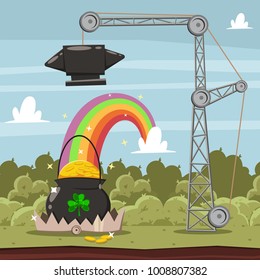 Leprechaun trap and an anvil from above. Vector cartoon illustration of a pot of gold coins, rainbow and a shamrock for St. Patrick's day.