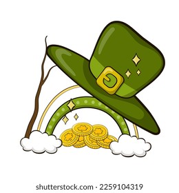 Leprechaun trap with hat and coins, illustration for greeting cards on St. Patrick`s Day in cartoon style isolated on white background