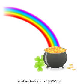 leprechaun treasure cauldron with rainbow and shamrock leafs