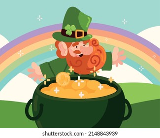 leprechaun with treasure and rainbow