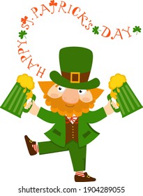 Leprechaun with two pints of beer and hand drawn lettering Happy St. Patrick's Day. Funny cartoon character for design cards, invitation, posters. Colorful vector illustration isolated on white. 