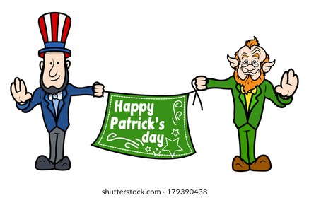 Leprechaun and Uncle Sam Holding Patrick's Day Banner