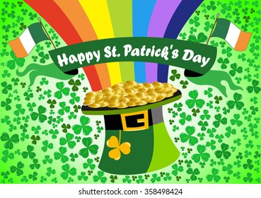 Leprechaun upturned hat  at the end of the rainbow with Flags of Ireland for St. Patricks or Saint Patrick s Day celebration