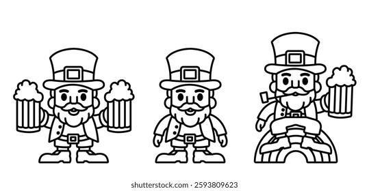 Leprechaun in various poses linear black and white character. Happy St. Patrick's Day