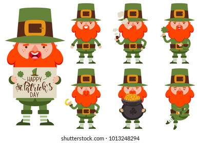 Leprechaun vector cartoon set with different emotions. Flat character of the fun gnome for St. Patrick's Day.