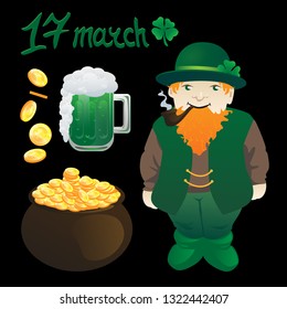 leprechaun vector illustration. Character and signs for St.Patric's Day