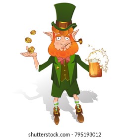 Leprechaun vector illustration mascot. St. Patrick's Day fantasy character. Red bearded man in traditional Irish style costume, with mug of beer, coins, shamrock, cylinder hat and pipe.