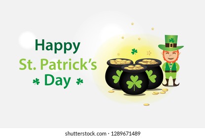 Leprechaun, vector illustration of St. Patrick's Day Celebration. Leprechaun character with a three pot of gold coins in white light grey background.