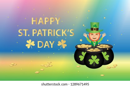 Leprechaun, vector illustration of St. Patrick's Day Celebration. Leprechaun character with a three pot of gold coins in colorful rainbow background.