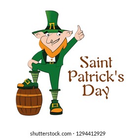 Leprechaun vector on a barrel. Happy Saint Patrick's Day celebration. Desing greeting card.