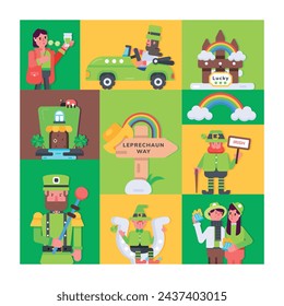 Leprechaun vector showing different irish characters and lucky charms 
