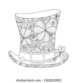 Leprechaun Vintage Top Hat Illustration. Monochrome Doodle St Patrick Day Symbol. Decorative Ornament with Clover Leaf, Abstract Coins and Swirl. Coloring Book Page. Vector Contour Illustration