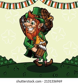leprechaun walking lifting keg of beer vector illustration