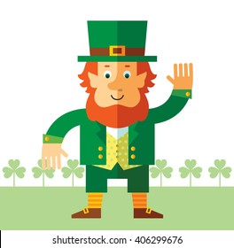 Leprechaun waving hand. Flat style vector illustration   Symbol Saint Patrick's Day